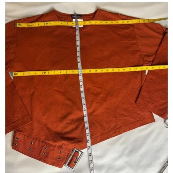 Zara Belted Crop Top L Burnt Orange Buckle Hem Long Sleeve Statement NWOT - Picture 8 of 11